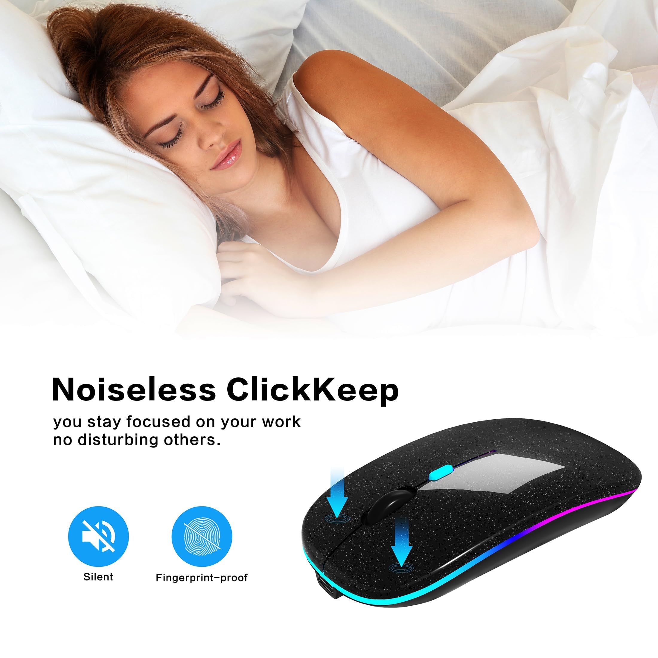 AIKOKOK Wireless Bluetooth Mouse, Rechargeable, Dual Mode Bluetooth 5.2 & 2.4G USB, LED Lights, Slim, Silent, Portable Computer Mouse for Laptop, PC, MacBook, iPad, Tablet (Black Pearl)