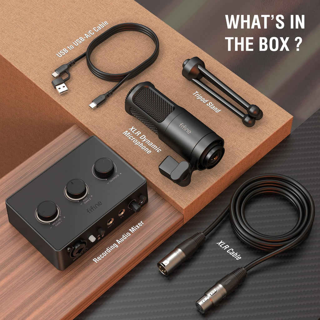 FIFINE Podcast Equipment Bundle Set, Music Recording Kit with Studio Dynamic Microphone and USB Audio Mixer with XLR Mic Input, Headphone Monitoring, Volume Knob for Vocal/Voice Over-AmpliTank KS6