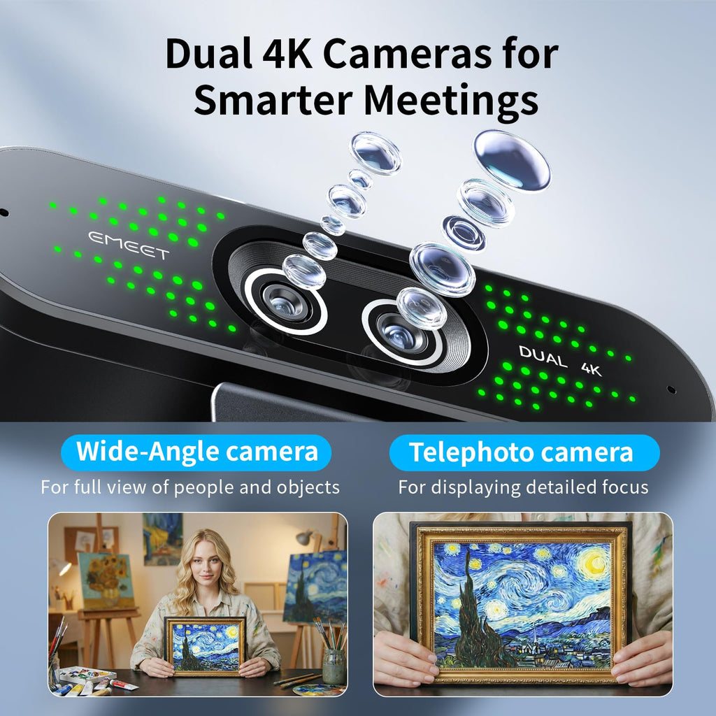 EMEET NOVA 4K Dual-Camera 4K Webcam for PC, Wide-Angle and Telephoto Cameras, Max 11X Hybrid Zoom, PDAF Focus, Remote Control, RGB Lights, Webcam with Microphone for Business or Personal Online Calls