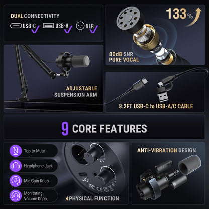 FIFINE K688 Podcast Microphone Kit, USB/XLR Dynamic Microphone with Boom Arm for PC/XLR Mixer, Gaming Mic with Mute Button, Headphone Jack for Vocal, Voice-Over, Streaming, Music Recording -K688CT
