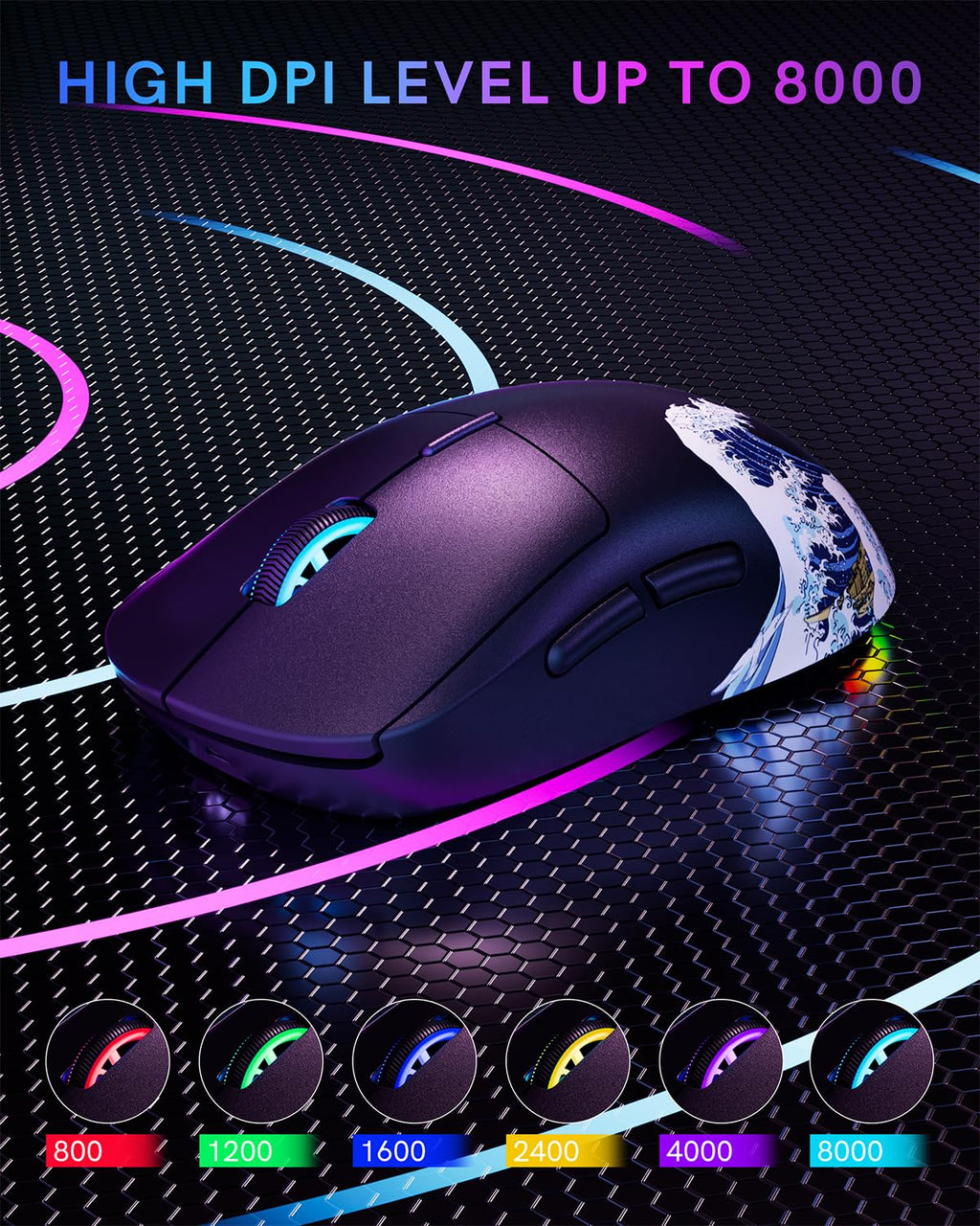 Typehaven G57 Wireless Gaming Mouse, 8000 DPI, 80g, 2.4G/Bluetooth/USB-C Rechargeable Wireless Mouse with 5 Programmable Buttons for PC/Mac, Black