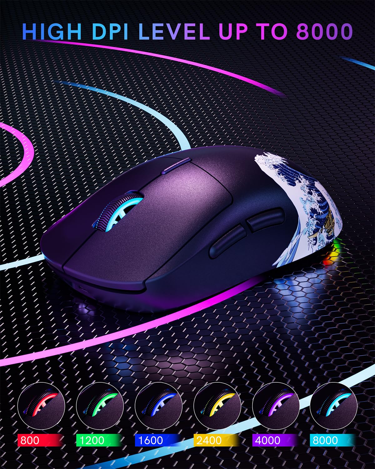 Typehaven G57 Wireless Gaming Mouse, 8000 DPI, 80g, 2.4G/Bluetooth/USB-C Rechargeable Wireless Mouse with 5 Programmable Buttons for PC/Mac, Black
