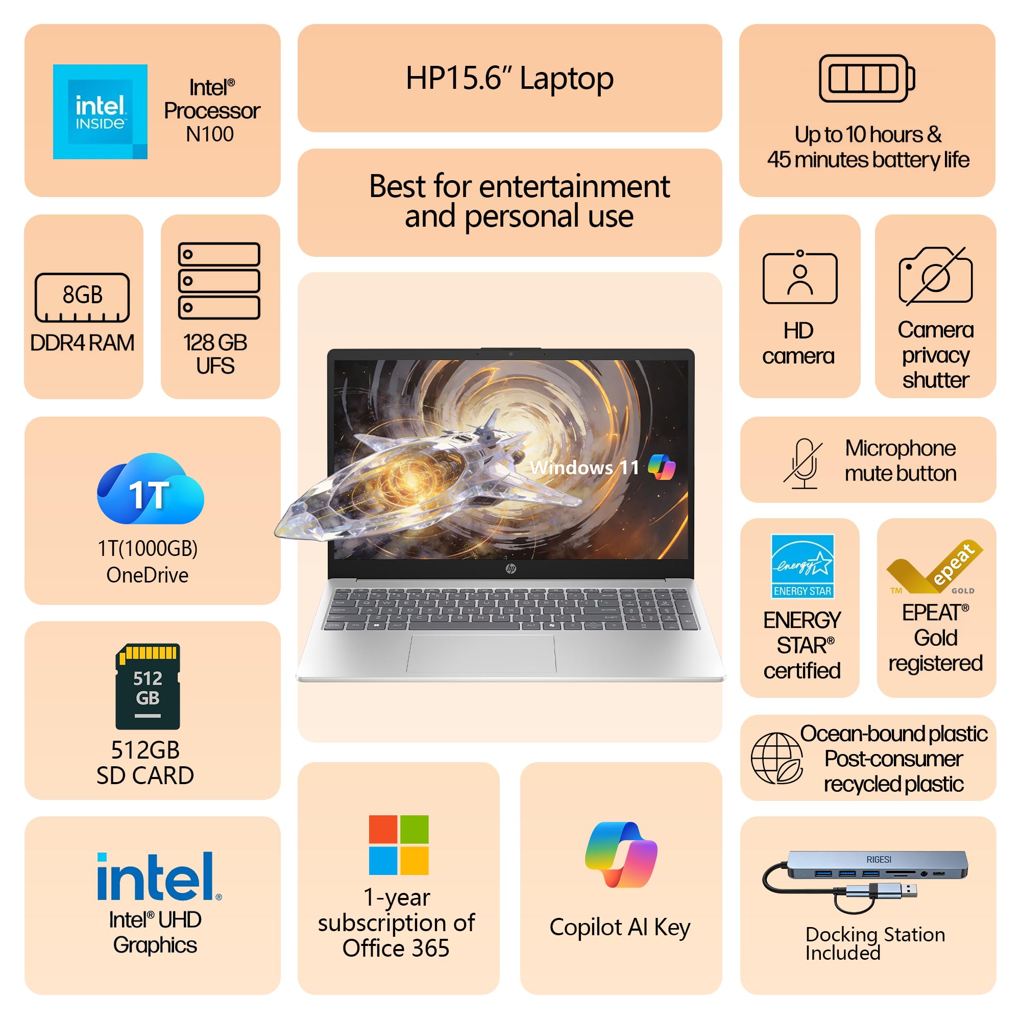 HP 15.6" Laptop – Complete Productivity Solution, Windows 11 with Microsoft Office, Intel 4 Core N100, 8GB RAM, 128GB UFS, 512GB SD Card, Copilot AI, Lightweight – Silver