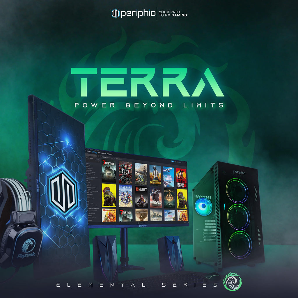 Periphio Terra Gaming PC Computer, AMD Ryzen 5 5600GT up to 4.6GHz with Radeon Vega 7 Graphics, 16GB RAM, 1TB NVMe SSD, WiFi, Windows 11, Black Desktop with RGB Gaming Bundle, 24" Monitor
