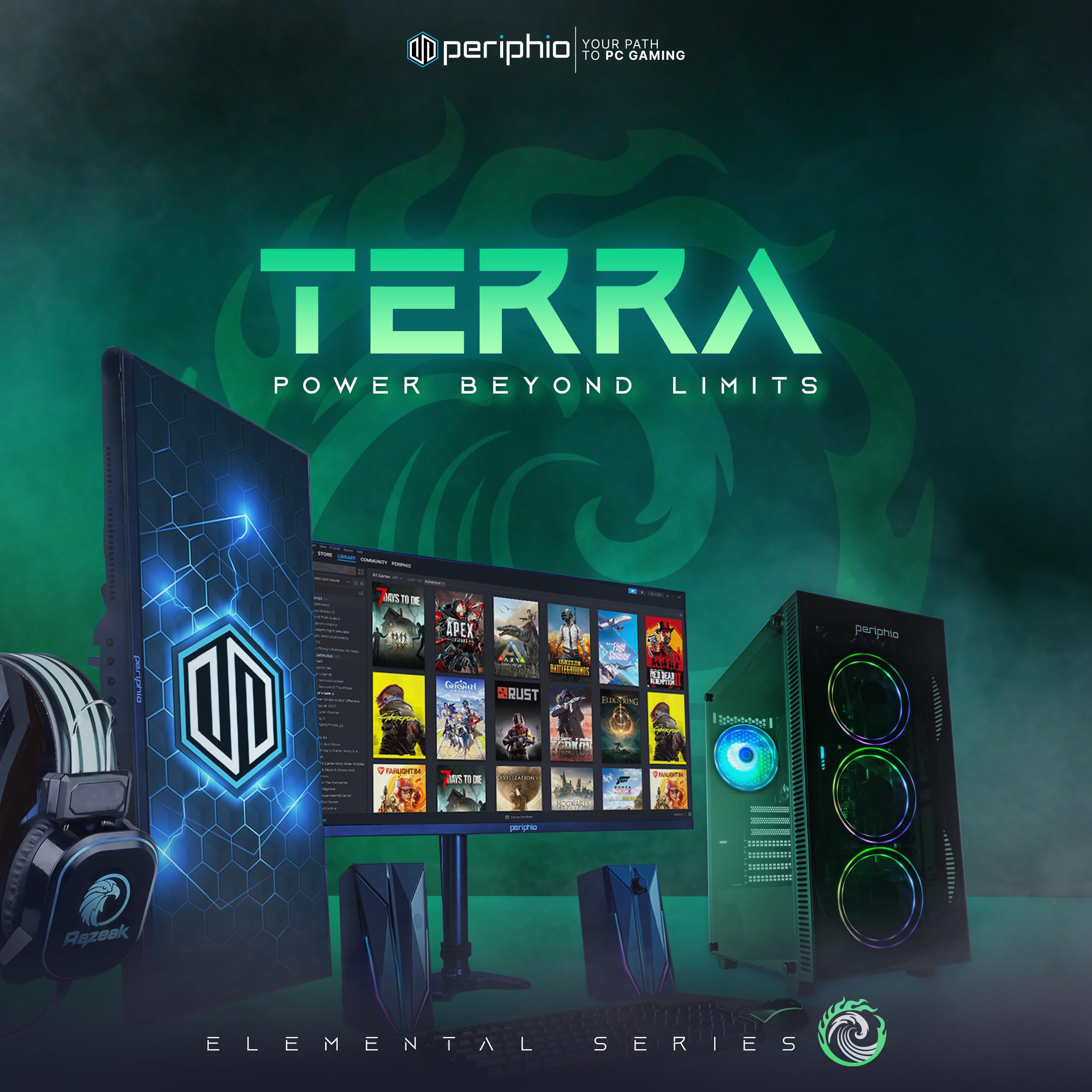 Periphio Terra Gaming PC Computer, AMD Ryzen 5 5600GT up to 4.6GHz with Radeon Vega 7 Graphics, 16GB RAM, 1TB NVMe SSD, WiFi, Windows 11, Black Desktop with RGB Gaming Bundle, 24" Monitor