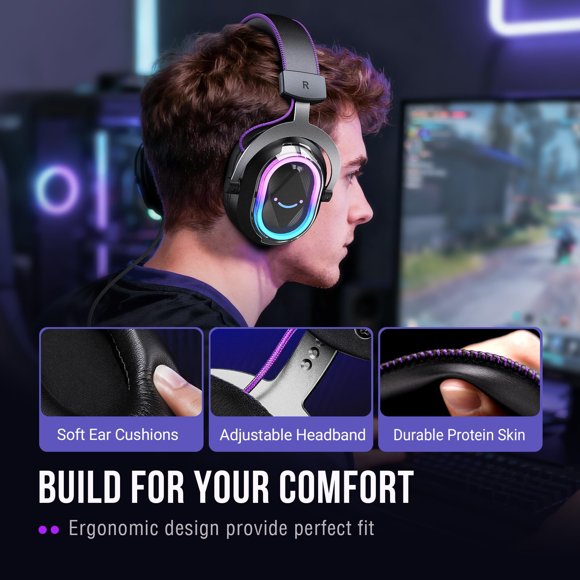 FIFINE Wired Gaming Headsets: 7.1 Surround Sound - Vibrant Customizable RGB - Game/Chat Balance, USB Gamer Headphones with Noise Canceling Microphone for PC, PS5/PS4, Laptop, Mac - AmpliGame H13BP