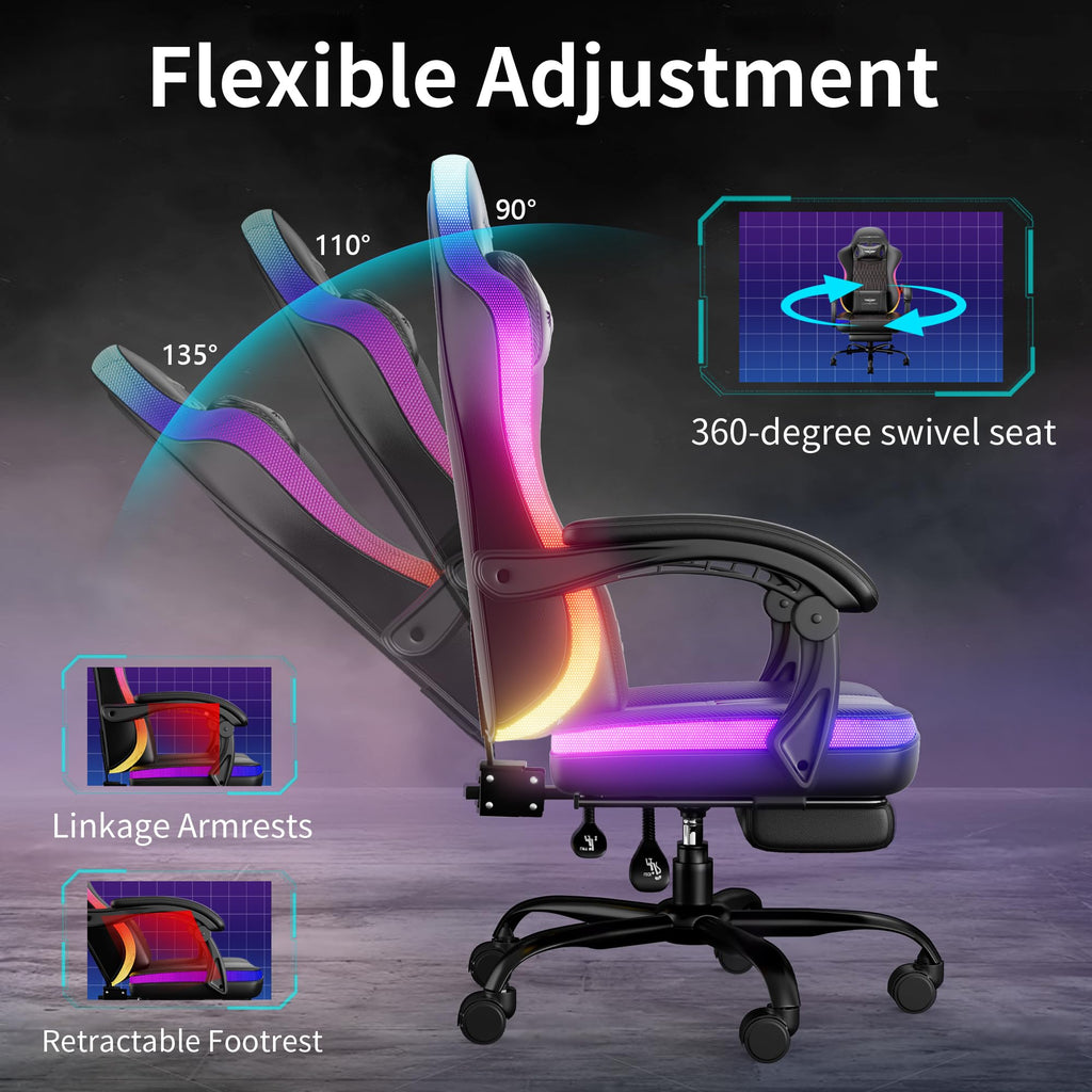 LaoGeoRon Ergonomic Gaming Chair, RGB LED Lights Computer Chairs with Retractable Footrest, 400 lbs Lumbar Support Linked Armrests Gamer Chair High Back Heavy Duty Video Game Chairs (Black Red)