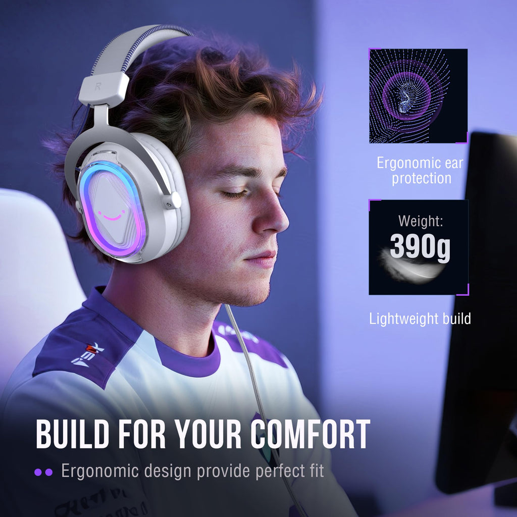 FIFINE USB Gaming Headset: Flowing RGB Lighting - 7.1 Surround Sound - Detachable Mic - Soft Ear Pads, Over-Ear Headset with Control Box, for PC, Laptop, Mac, PS5/PS4 - AmpliGame H13WP (White&Purple)