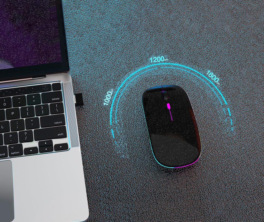 AIKOKOK Wireless Bluetooth Mouse, Rechargeable, Dual Mode Bluetooth 5.2 & 2.4G USB, LED Lights, Slim, Silent, Portable Computer Mouse for Laptop, PC, MacBook, iPad, Tablet (Black Pearl)