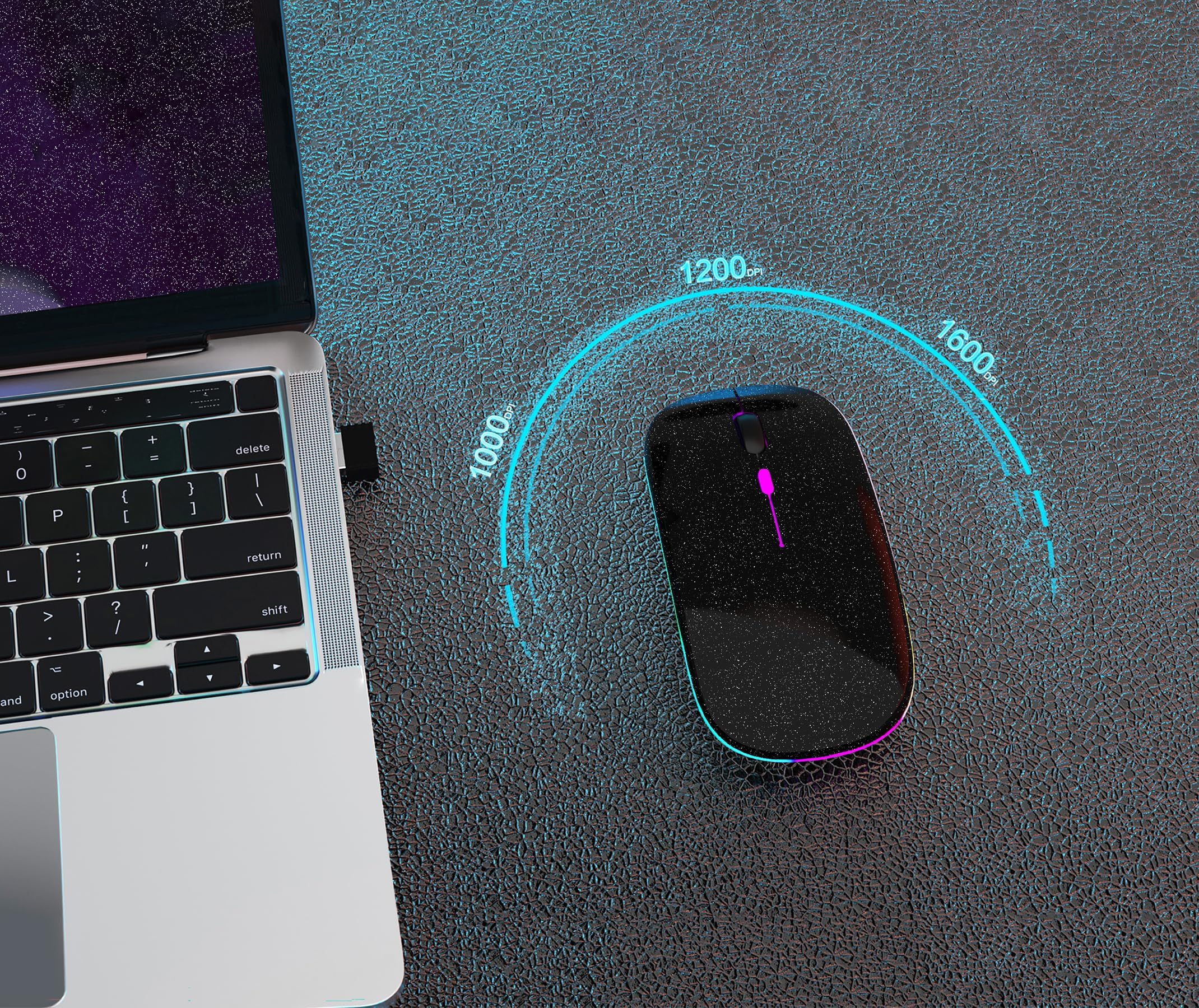 AIKOKOK Wireless Bluetooth Mouse, Rechargeable, Dual Mode Bluetooth 5.2 & 2.4G USB, LED Lights, Slim, Silent, Portable Computer Mouse for Laptop, PC, MacBook, iPad, Tablet (Black Pearl)