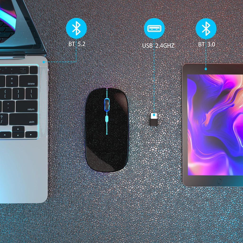 AIKOKOK Wireless Bluetooth Mouse, Rechargeable, Dual Mode Bluetooth 5.2 & 2.4G USB, LED Lights, Slim, Silent, Portable Computer Mouse for Laptop, PC, MacBook, iPad, Tablet (Black Pearl)
