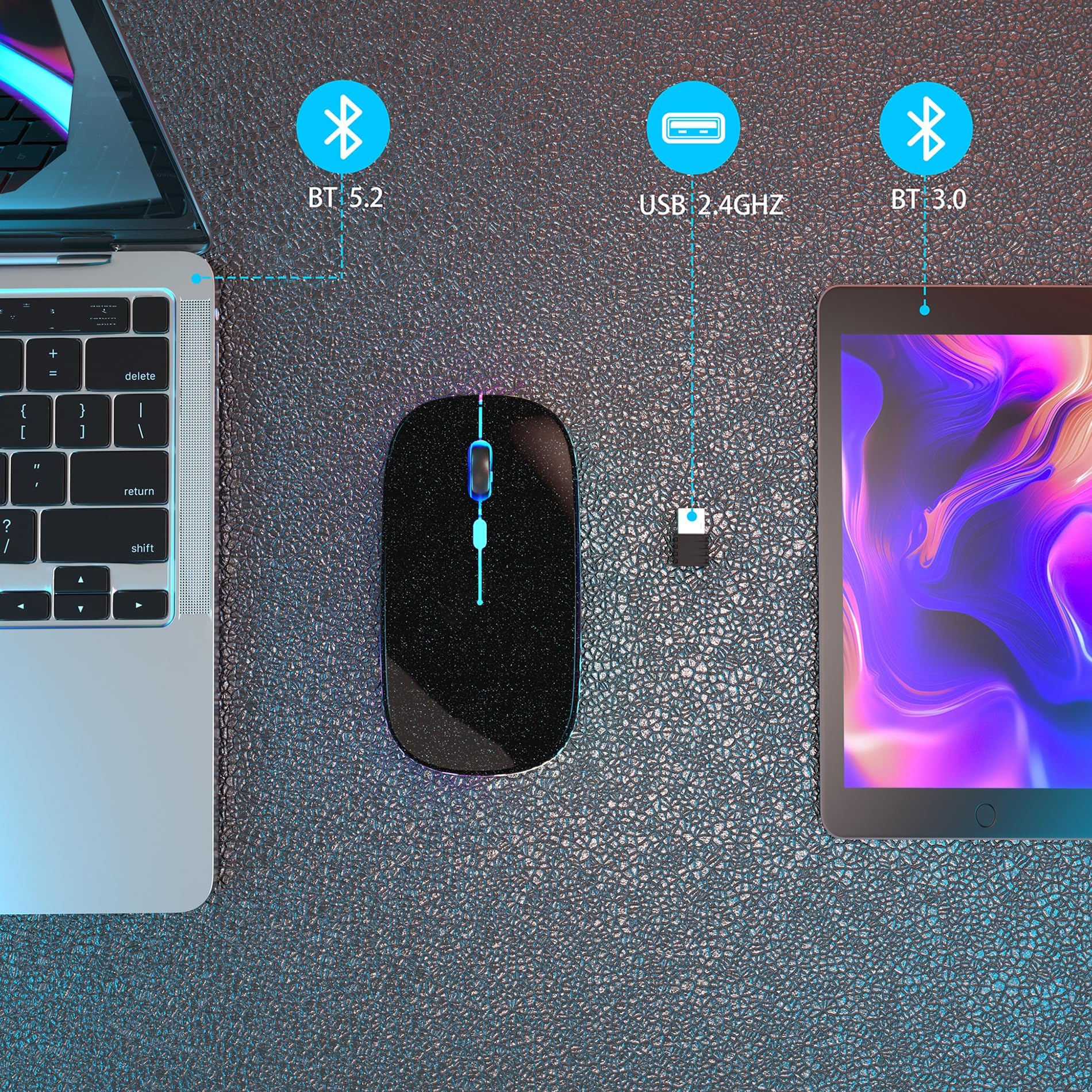 AIKOKOK Wireless Bluetooth Mouse, Rechargeable, Dual Mode Bluetooth 5.2 & 2.4G USB, LED Lights, Slim, Silent, Portable Computer Mouse for Laptop, PC, MacBook, iPad, Tablet (Black Pearl)