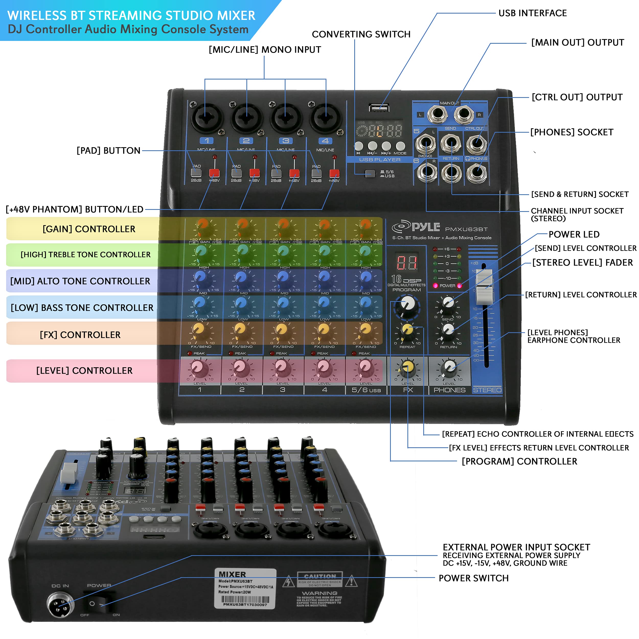 Pyle Professional 6 Channel Audio Mixer with Bluetooth - DJ Sound Board - USB Computer Input - Built-in MP3 Player - 48V Phantom Power - 3 Band EQ - 16-Bit DSP FX - Band, Studio Ready - PMXU63BT
