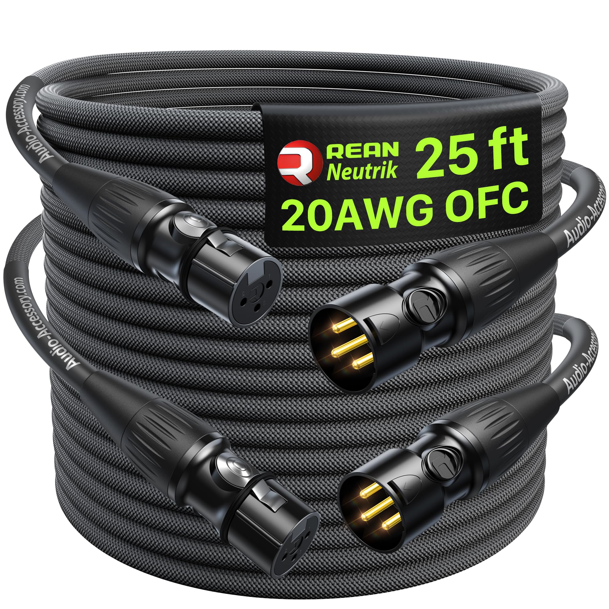XLR Cables 25ft 2 Pack, 20 AWG, Kevlar-Reinforced Nylon Braided Microphone Cable, Professional Gold-Plated Rean Connectors from Neutrik, Mic Cable, Shielded and Balanced XLR Male to Female Cord