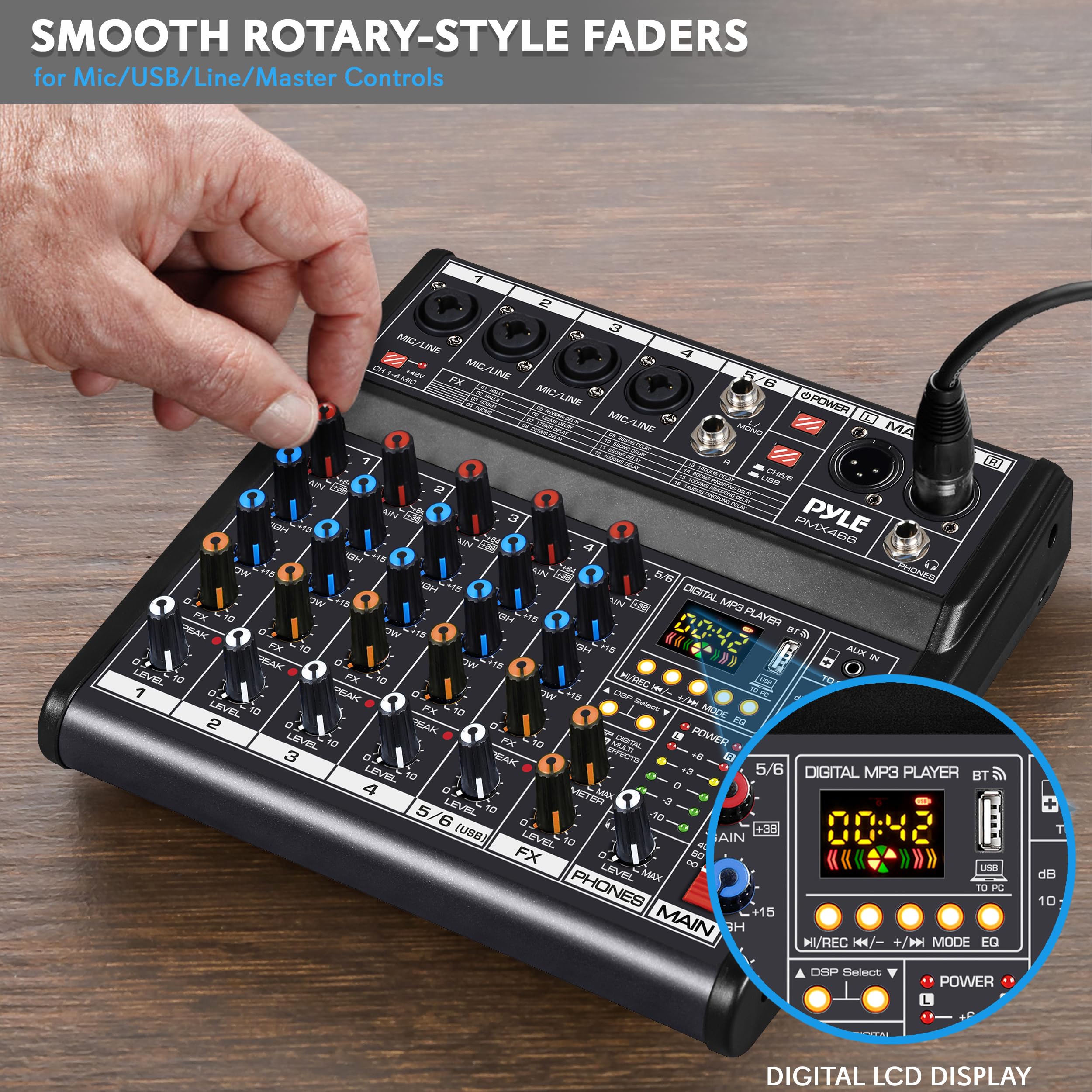 Pyle Professional Bluetooth DJ Audio Mixer - 6-Channel DJ Controller Sound Mixer w/DSP 16 Preset Effects, USB Interface, 4 XLR Mic/Line Input, AUX, FX Processor MP3 Player, Headphone Jack - PMX466