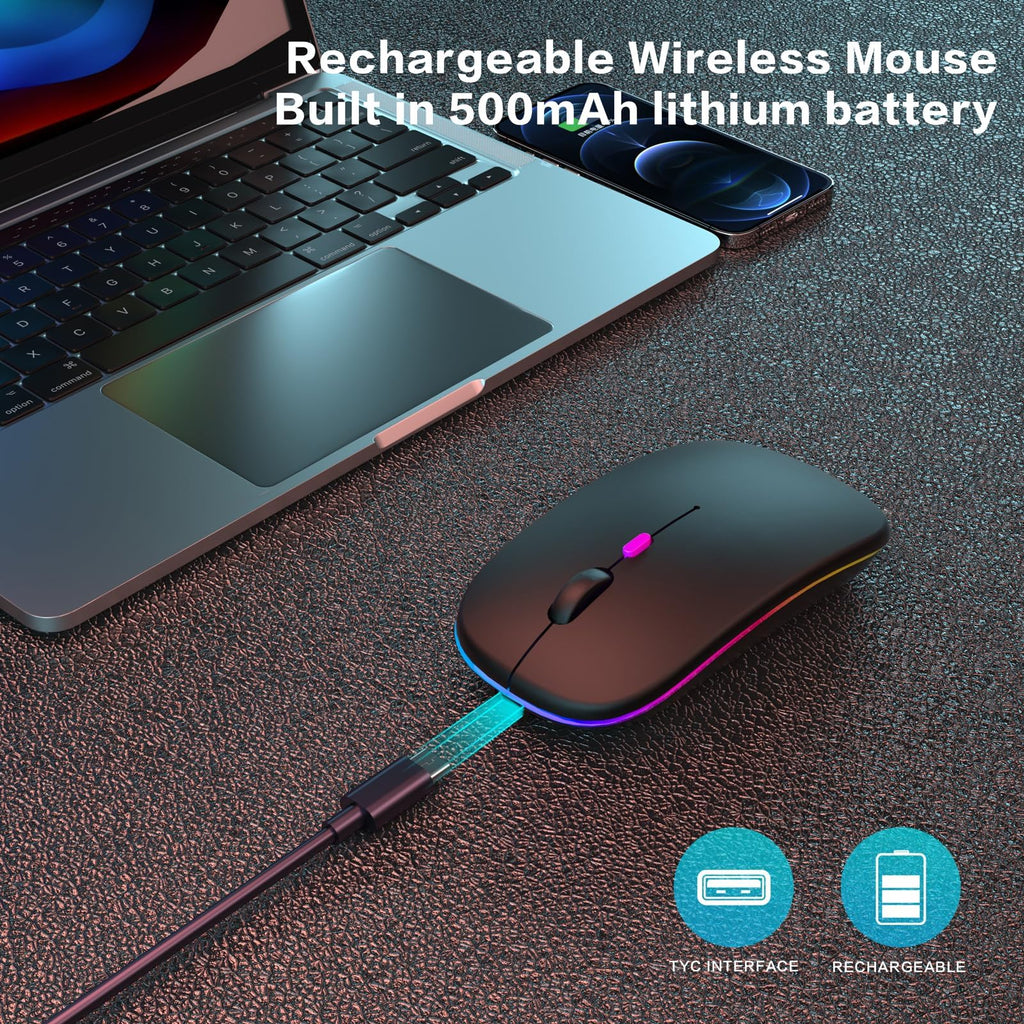 AIKOKOK Wireless Bluetooth Mouse, Rechargeable, Dual Mode Bluetooth 5.2 & 2.4G USB, LED Lights, Slim, Silent, Portable Computer Mouse for Laptop, PC, MacBook, iPad, Tablet (Black Pearl)
