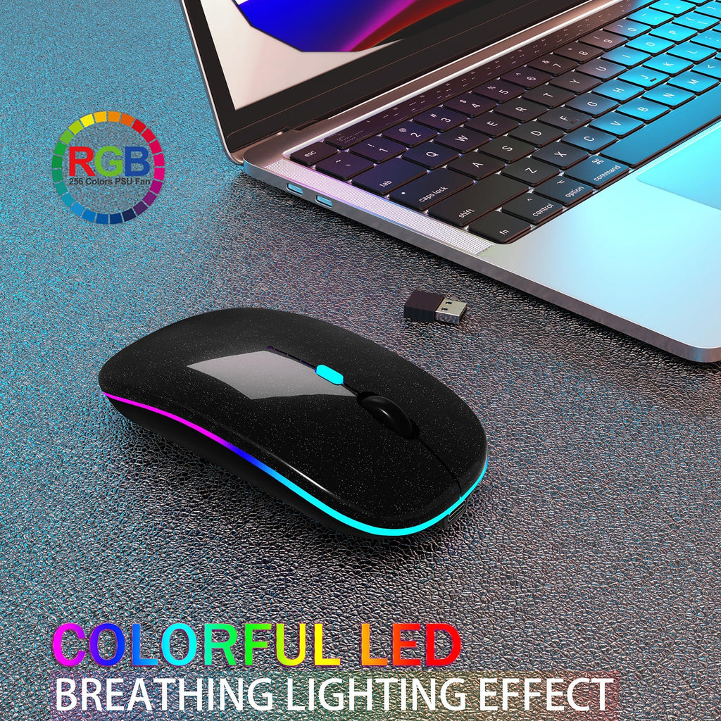 AIKOKOK Wireless Bluetooth Mouse, Rechargeable, Dual Mode Bluetooth 5.2 & 2.4G USB, LED Lights, Slim, Silent, Portable Computer Mouse for Laptop, PC, MacBook, iPad, Tablet (Black Pearl)