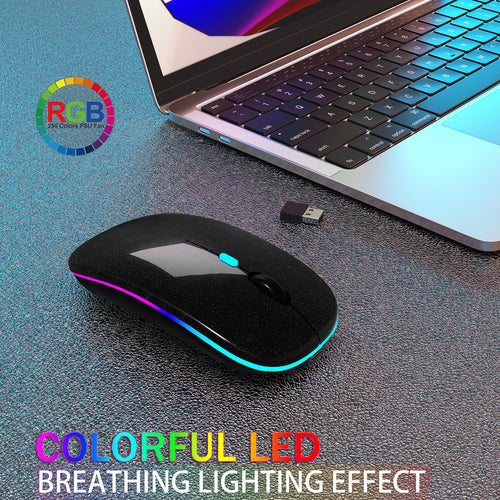 AIKOKOK Wireless Bluetooth Mouse, Rechargeable, Dual Mode Bluetooth 5.2 & 2.4G USB, LED Lights, Slim, Silent, Portable Computer Mouse for Laptop, PC, MacBook, iPad, Tablet (Black Pearl)