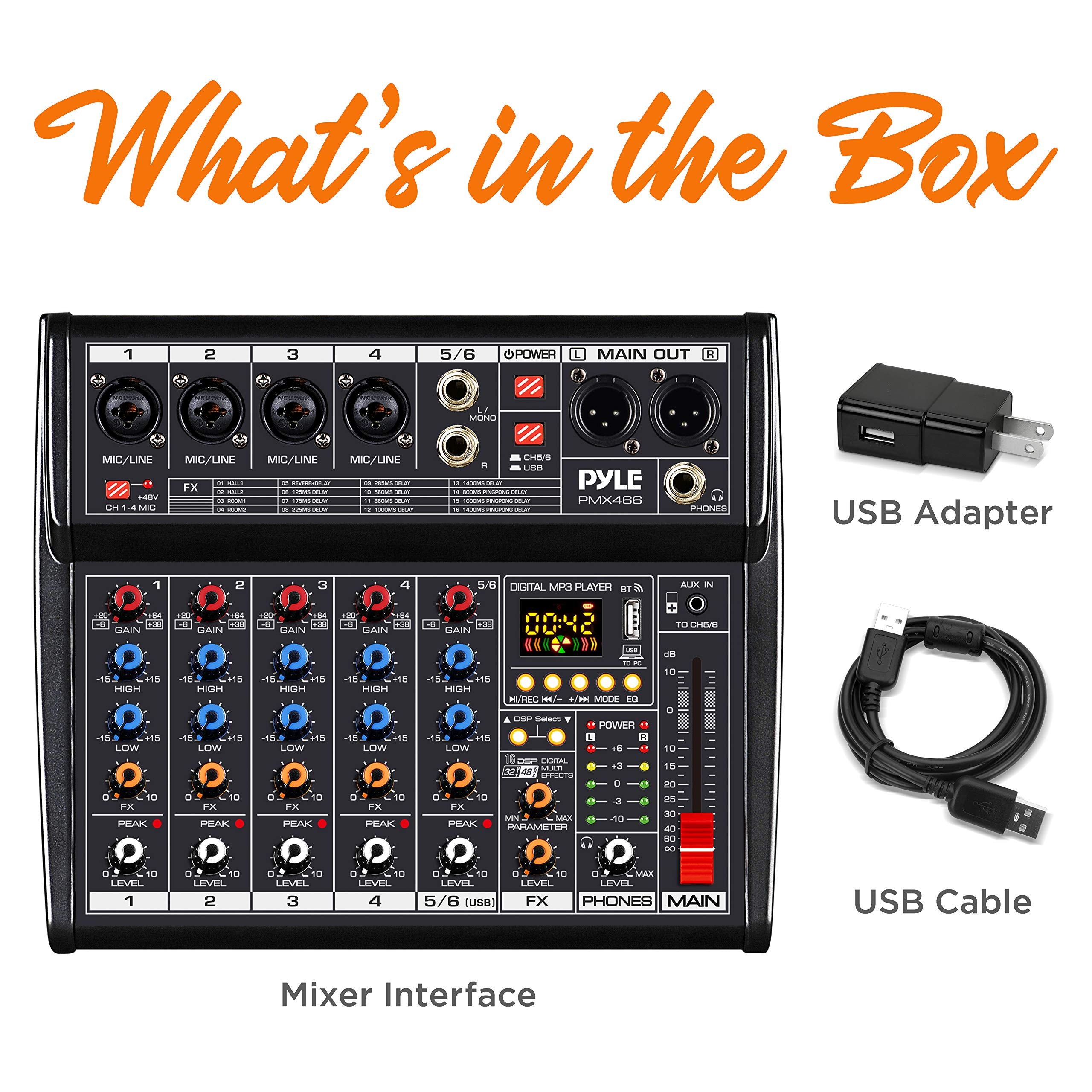 Pyle Professional Bluetooth DJ Audio Mixer - 6-Channel DJ Controller Sound Mixer w/DSP 16 Preset Effects, USB Interface, 4 XLR Mic/Line Input, AUX, FX Processor MP3 Player, Headphone Jack - PMX466