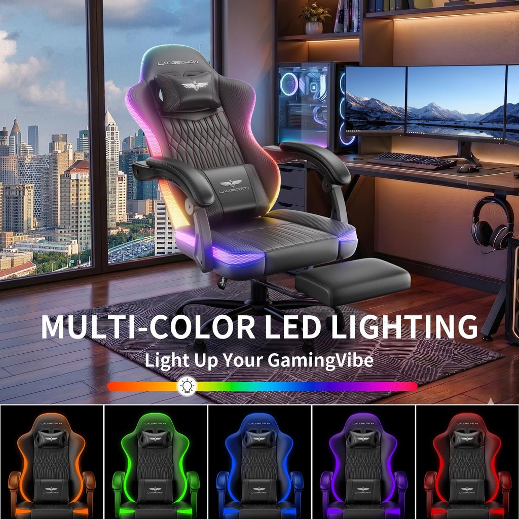 LaoGeoRon Ergonomic Gaming Chair, RGB LED Lights Computer Chairs with Retractable Footrest, 400 lbs Lumbar Support Linked Armrests Gamer Chair High Back Heavy Duty Video Game Chairs (Black Red)
