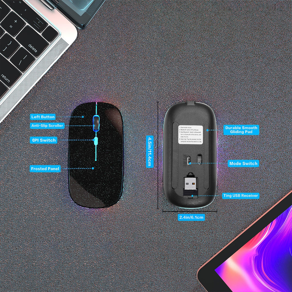 AIKOKOK Wireless Bluetooth Mouse, Rechargeable, Dual Mode Bluetooth 5.2 & 2.4G USB, LED Lights, Slim, Silent, Portable Computer Mouse for Laptop, PC, MacBook, iPad, Tablet (Black Pearl)